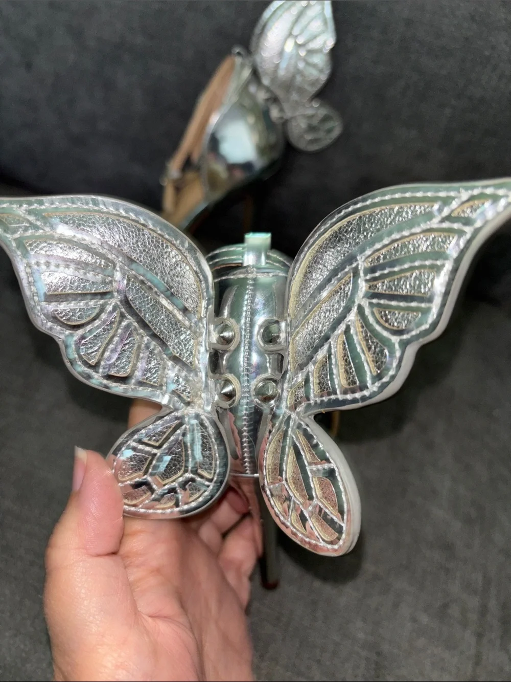 Windsor Silver Butterfly Wing Stiletto Heels - Women's Dress Sandals 7 EUC